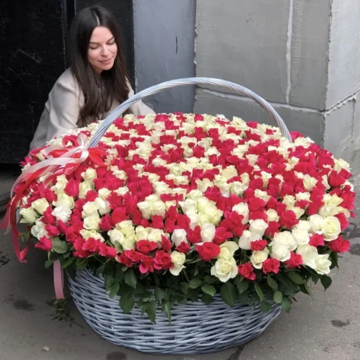 Купить 1001 красная и белая роза в корзине