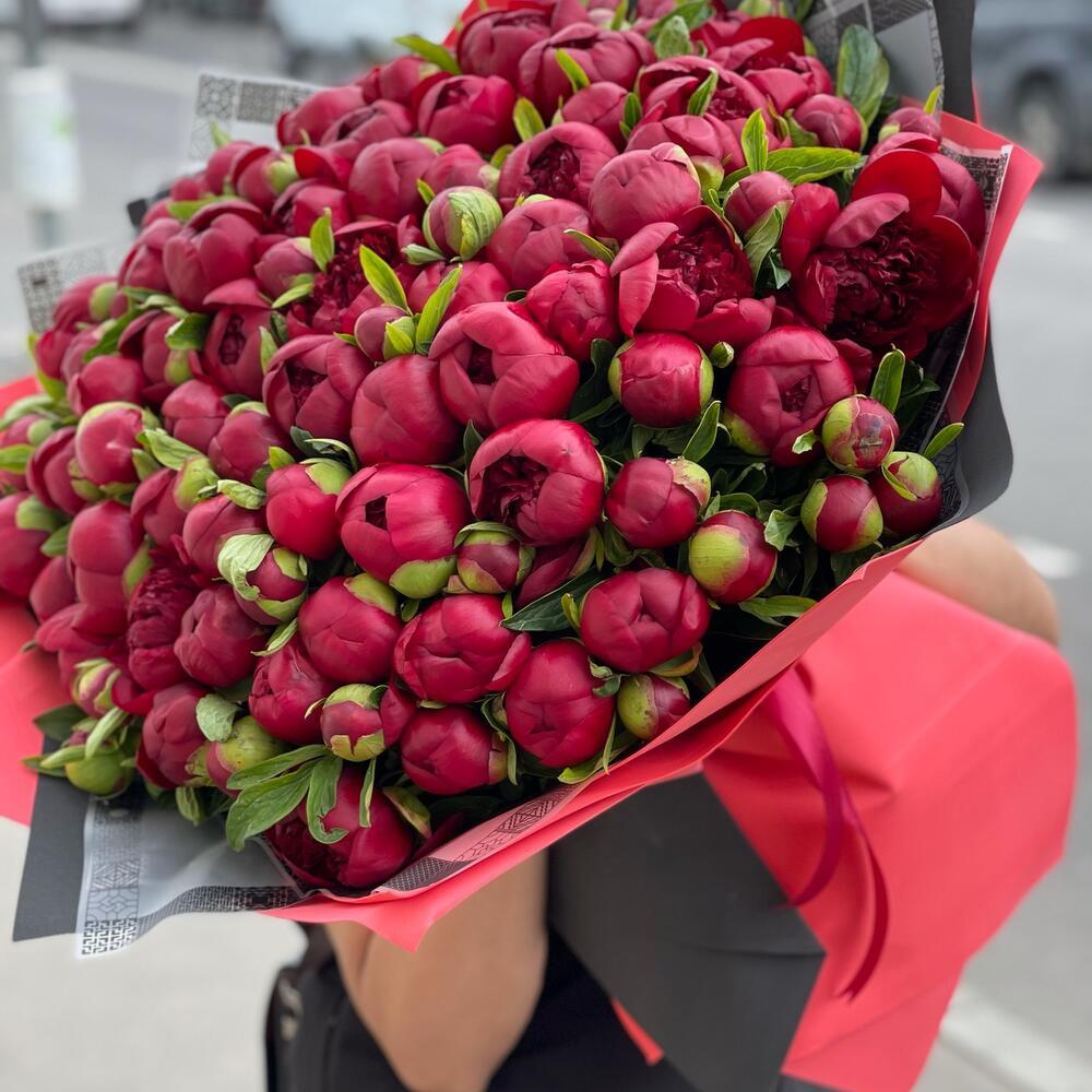 Купить букет из 101 красного пиона (элитный бордовый сорт) в Москве ракурс 3