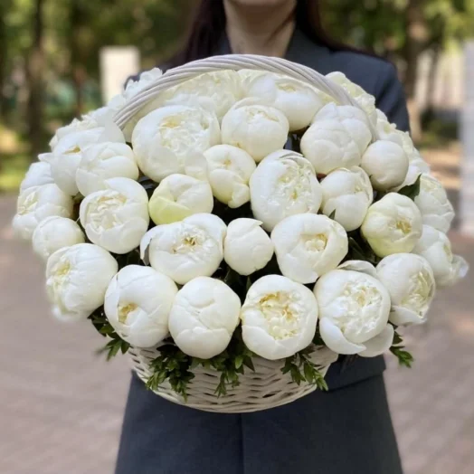Купить Огромная корзина с 51 белым пионом Extra-класса